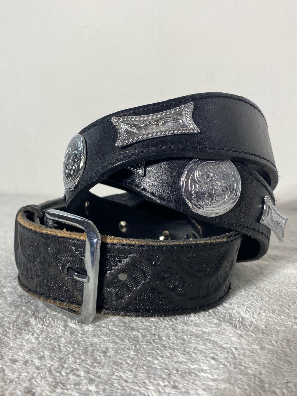 Vintage Hand Crafted Black Leather Western Concho Belt 46 Cowboy Rancher